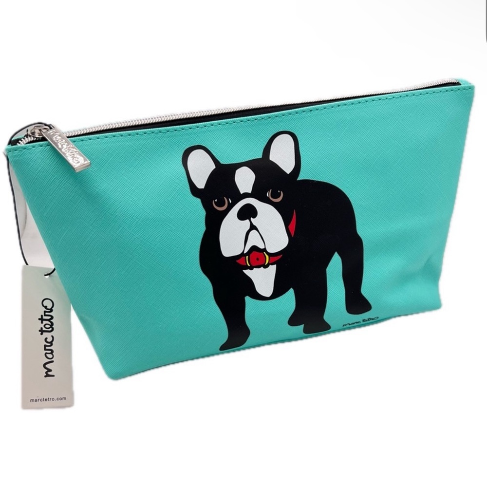 Marc Tetro NWT Aqua Teal Green French Bulldog Cosmetic Zippered Bag